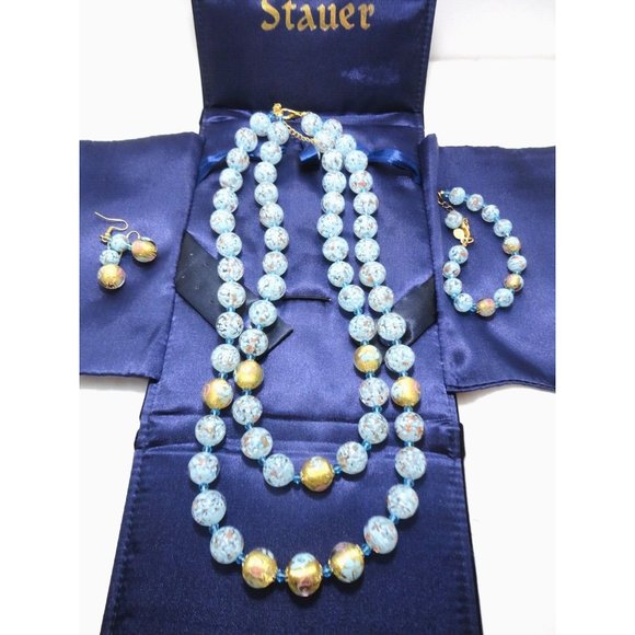 Murano Glass Bead Double Strand Necklace Bracelet Earring Set Blue Gold Stauer - Picture 1 of 11